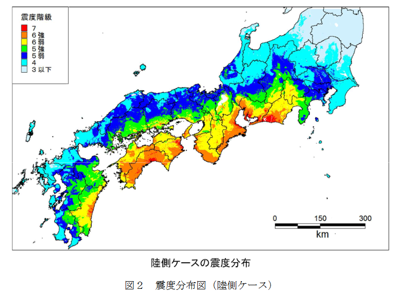 南海トラフ巨大地震で東海地方が被害を受ける場合の想定震度、尾張と西三河地域、渥美半島が震度6強以上になっている。